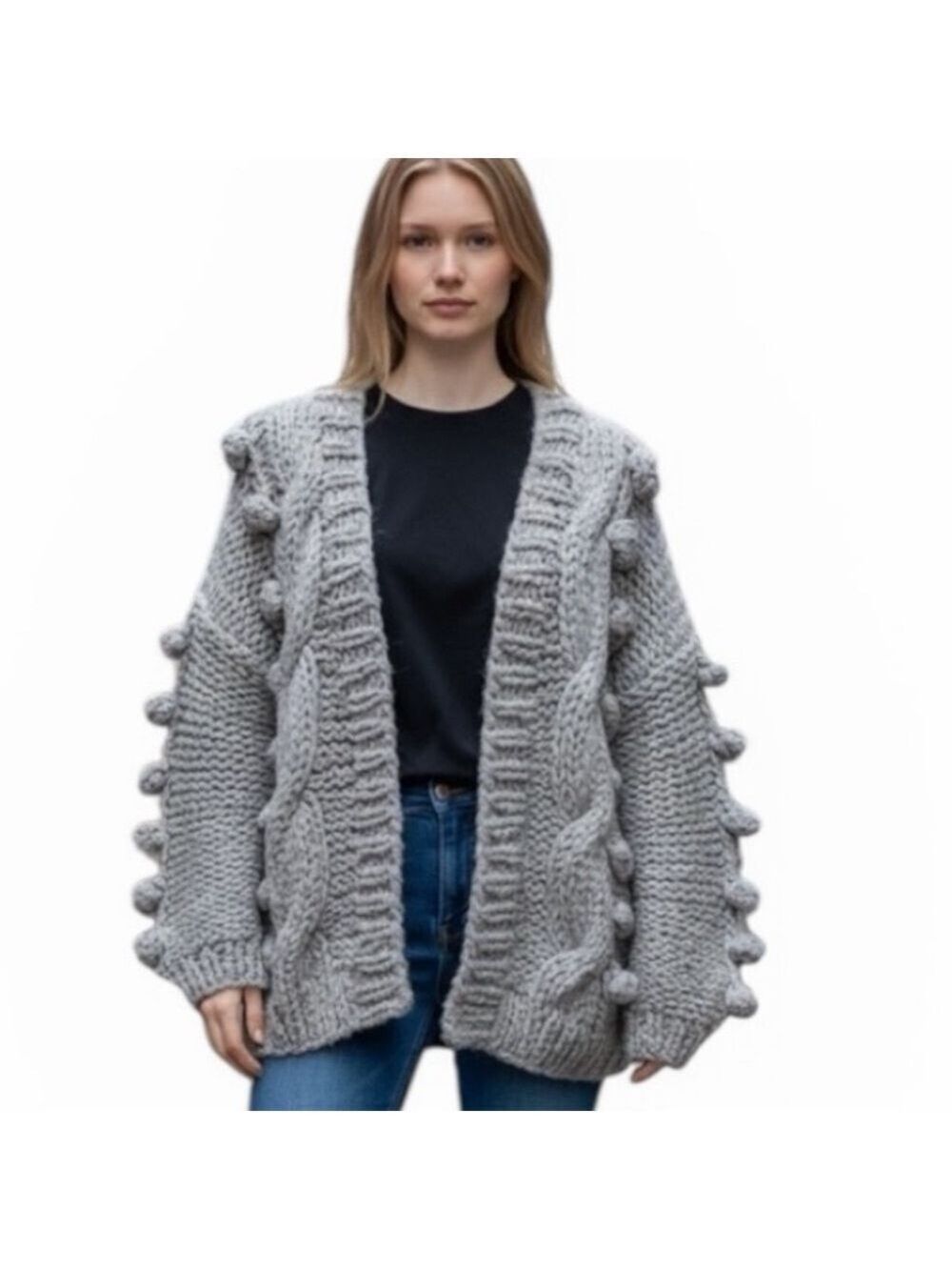 HUMMINGBIRD Gray Open Sweater Pom Pom Chunky Knit Cardigan One Size Oversized